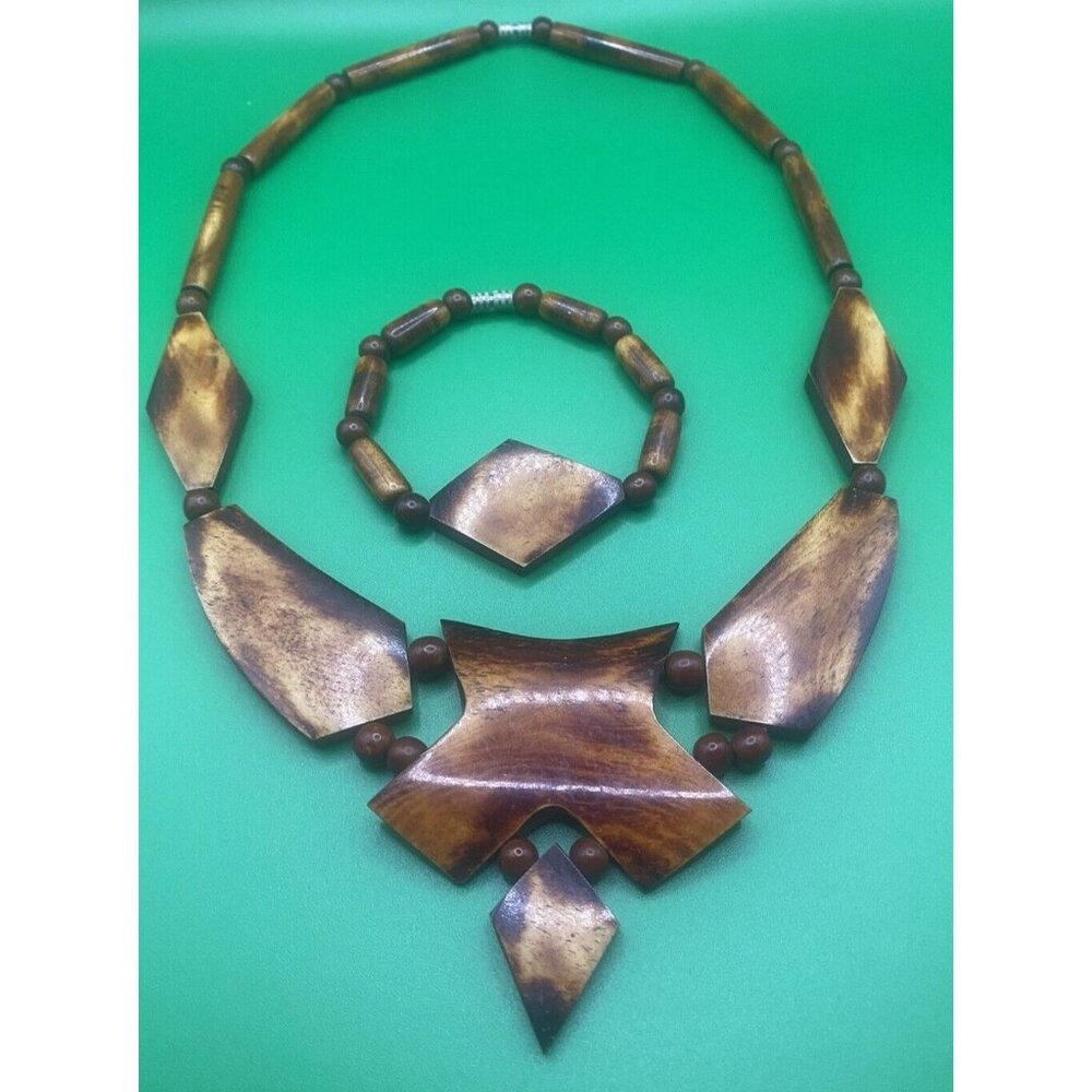 Vintage Necklace Bracelet Set Burled Wood Statement 20" Bib Beaded Barrel Close - Picture 3 of 5